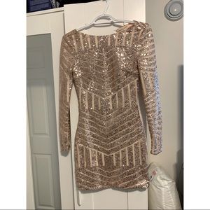Rose Gold Sequin Long Sleeve Open Back Dress - Size S